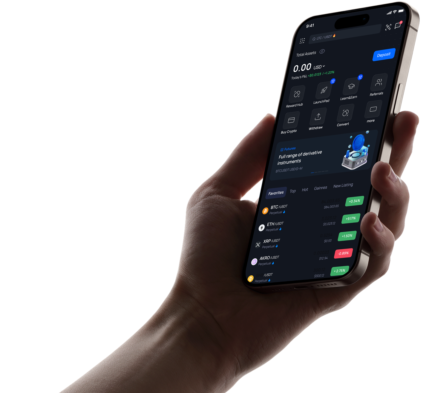 A hand holding a phone with a cryptocurrency portfolio interface