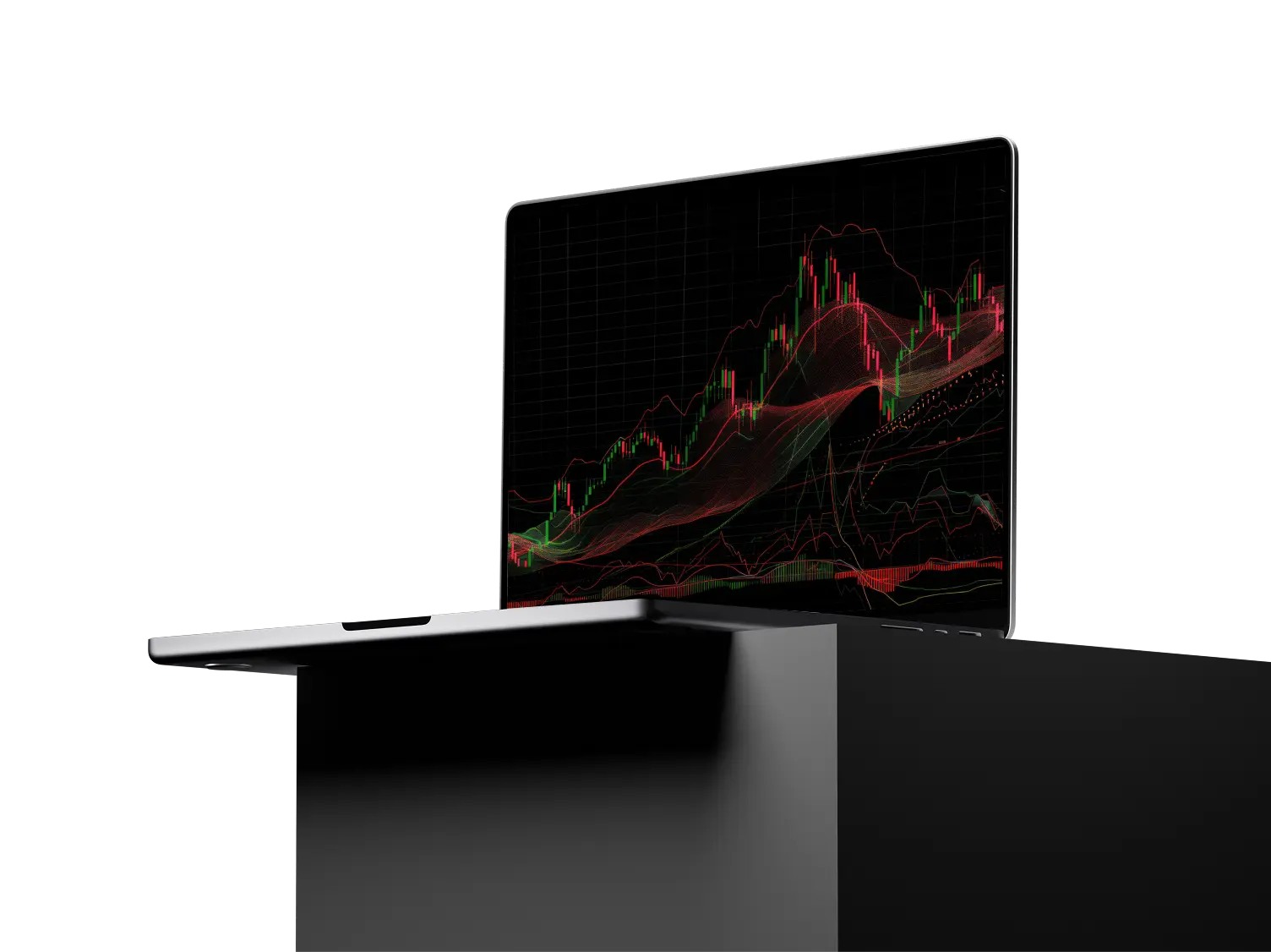A silver laptop displaying a cryptocurrency trading workspace